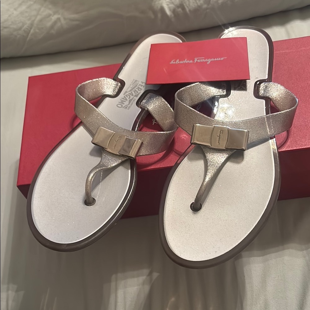 Salvatore Ferragamo Silver Thong Sandals